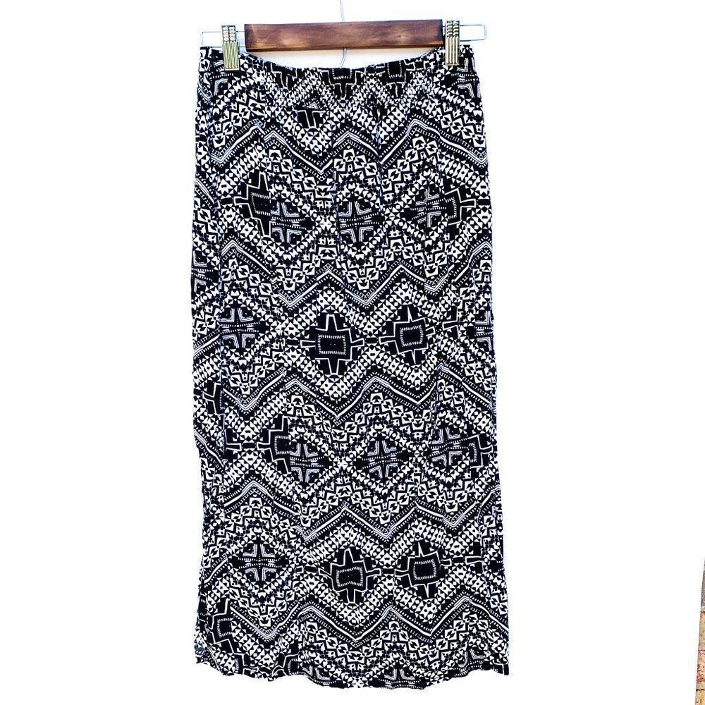 Express Black White Aztec Tribal Geometric Side Slit Midi Pencil Skirt